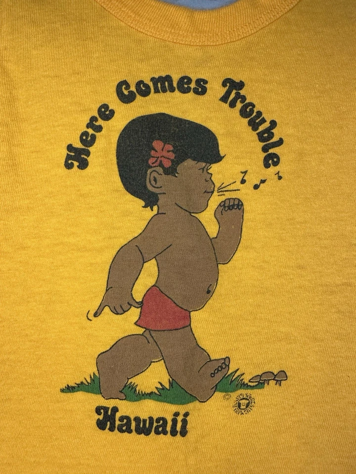 Camiseta Hanes Beefy 1980s Vintage Algodão Gráfico Havaiano Ponto Único EUA - Imagem 3 de 4