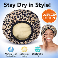 Reusable Waterproof Shower Cap Oversized Terry Lined Elastic Fit All Hair XL Big