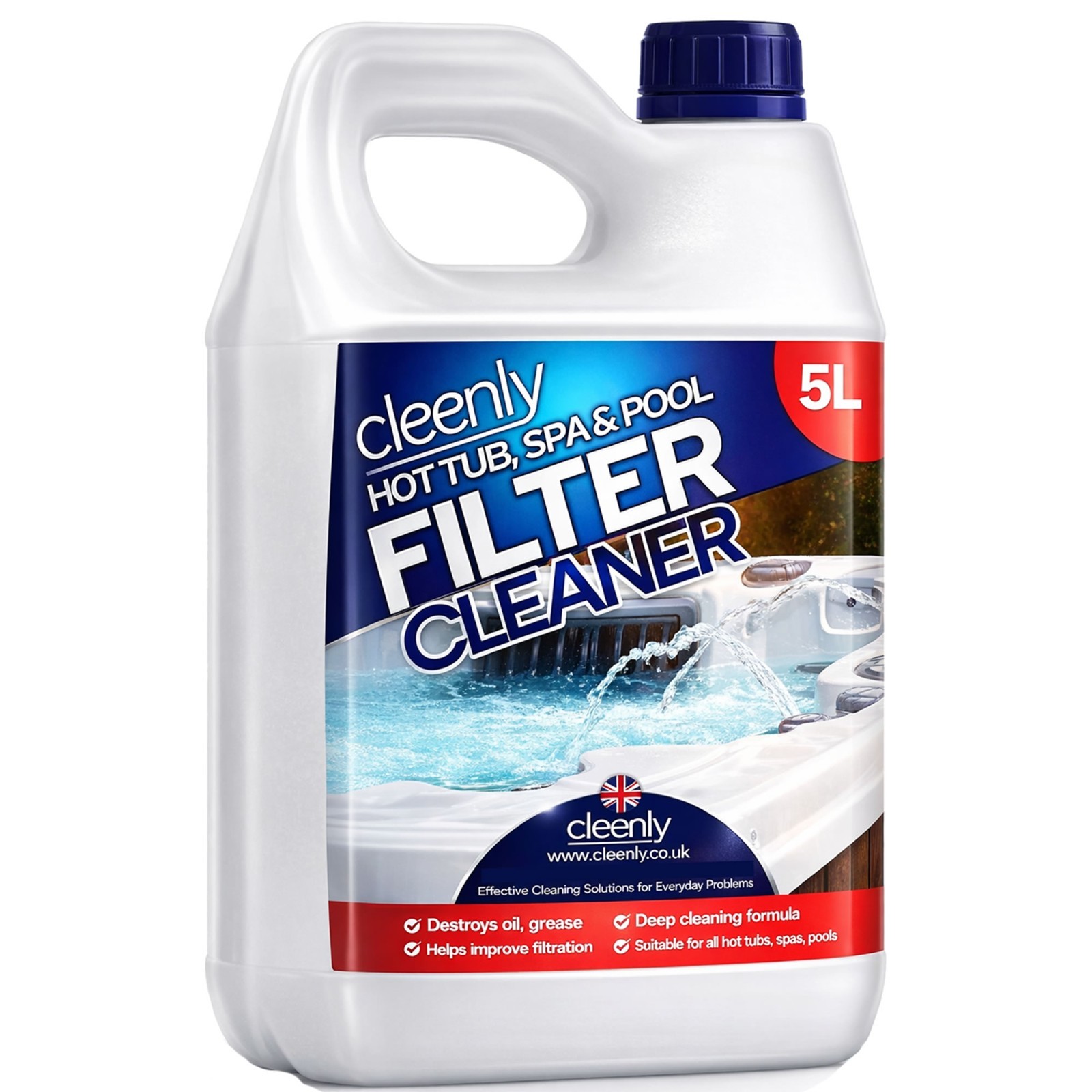 Cleenly Hot Tub Cleaner Spa Pool Filter Chemical Cleaning Removes Oil Grease 5l