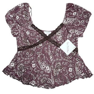 La Peche Y2K Purple Floral V neck  Blouse women's XL