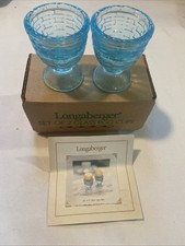 Vintage Longaberger 2 Aqua Blue Basket Weave Glass Egg Cups 2002 Made in USA Box