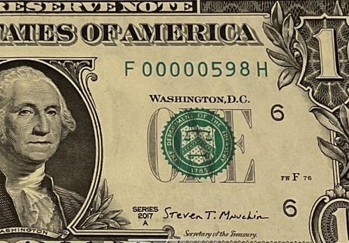 2017 A $1 LOW 3 DIGIT SERIAL NUMBER (( 00000 598 )) US paper money currency