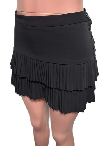 BCBG Maxziria schwarz Y2K Plissee Knopfleiste seitlich gefüttert Micro Minirock Gr. 2 Vintage - Bild 2 von 4