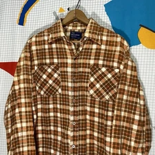 Vintage 70s Jc Penney Flannel Shirt Medium Plaid Brown Orange Cotton Mac Grunge