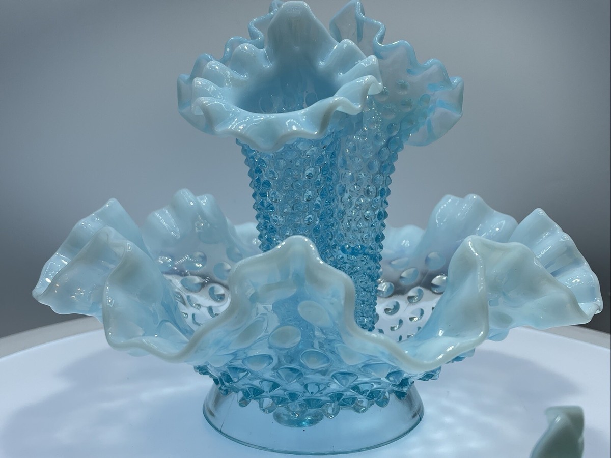 Vtg Fenton Art Glass Blue Opalescent Hobnail Apartment Epergne 3