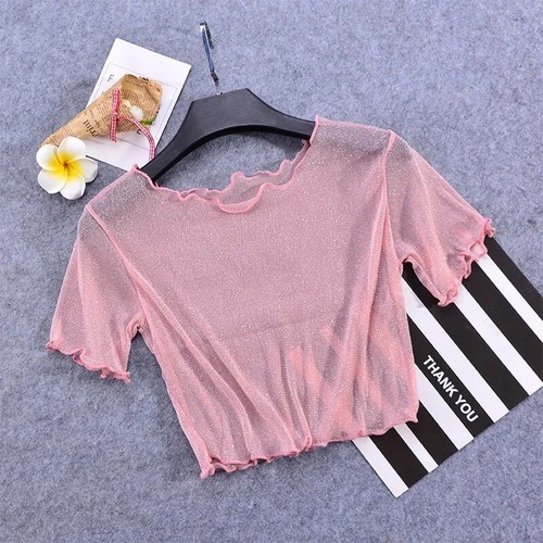 Women Sexy See Through Mesh Sheer Tank Crop Top Shiny clubwear party Tee T shirt - Picture 15 of 22