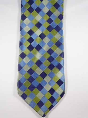 TED BAKER GREEN & BLUE MULTI-COLORED CHECKERED 100% SILK NECK TIE - Picture 1 of 11