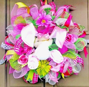 Handmade-Easter-Bunny-Butt-amp-Ears-Deco-Mesh-Wreath-24-034-Spring-Floral-Door-Decor