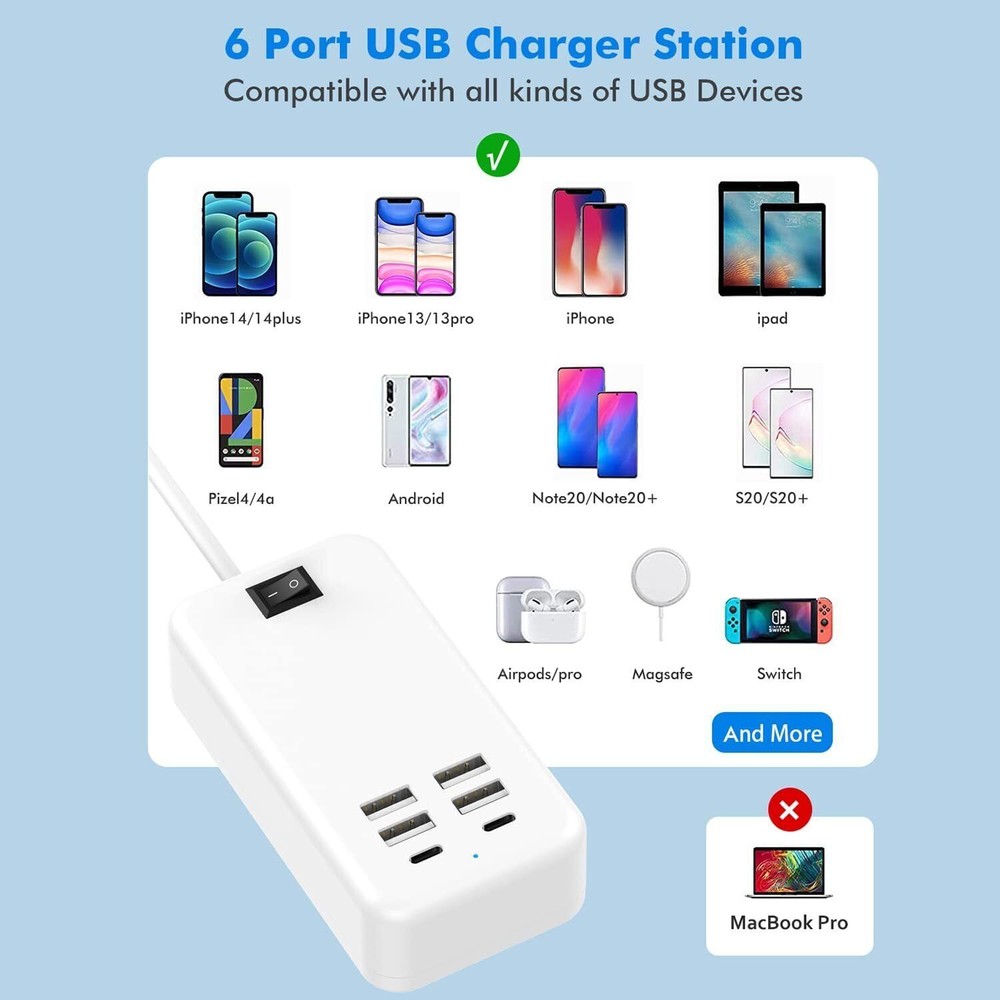 6-Port USB Fast Charging Station with AC Power Adapter for Desktop  