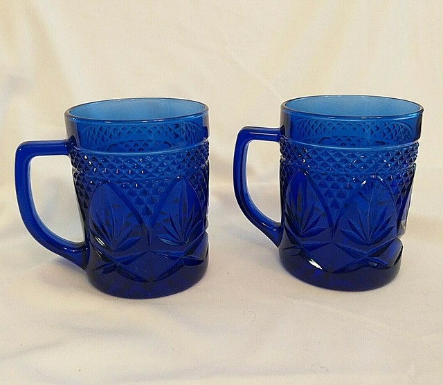 Cobalt Blue Glass Coffee Mugs PAIR Pineapple Diamonds Cup 4” Tall MADE