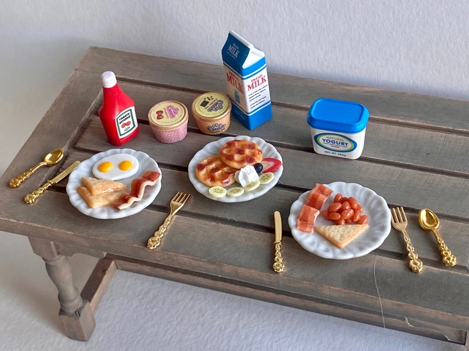 lot 14 pcs set miniatures 1:12 breakfast set handmade waffles egg bacon milk jam - Image 2 of 4