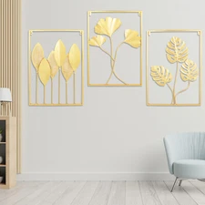 3 PCS 24" Metal Wall Art Hanging Sculpture Gold Leaf Home Garden Decor