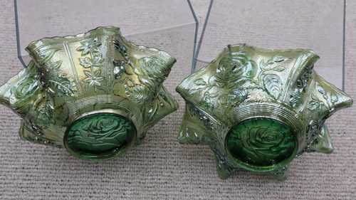2 Imperial Glass Open Rose Green Carnival Glass Dish - Picture 12 of 16