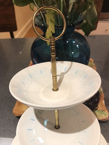MCM 3 Tier Tidbit Tray Cream &Blue Design Royal China Brass Support, Carry Ring - Picture 3 of 5