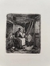 Johannes Wilhelm Zillen 1824-1870 Grandma on Spinning Wheel Düsseldorf School Etching 