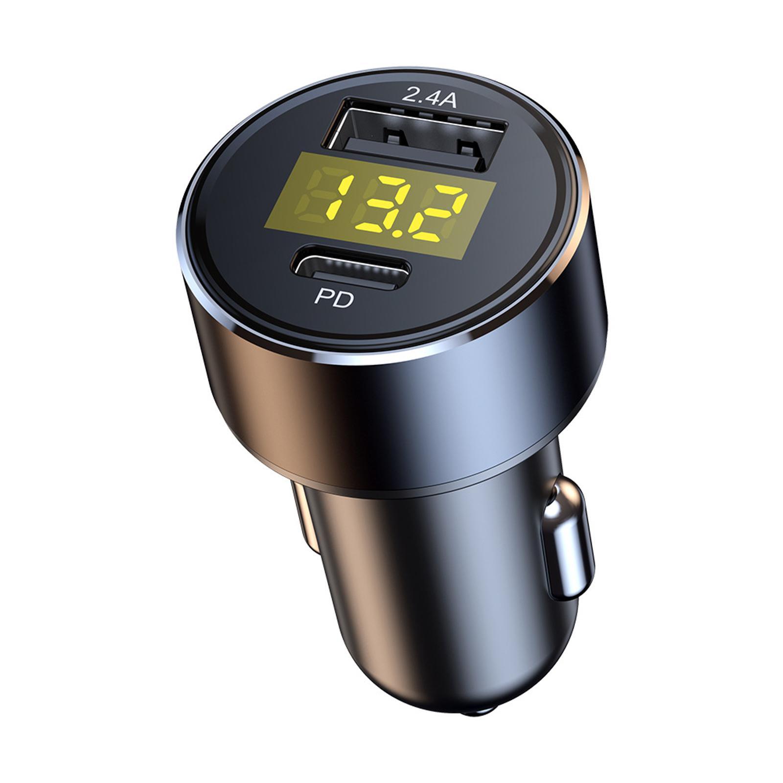 18W PD Type-C+USB QC3.0 Fast Car Charger LED Digital Display 12V/24V Charging