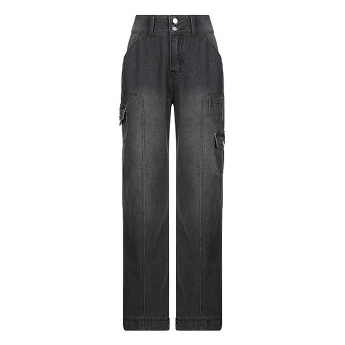 Pantalones de mezclilla rectos informales de cintura alta sueltos de moda con múltiples bolsillos para mujer - Imagen 17 de 39