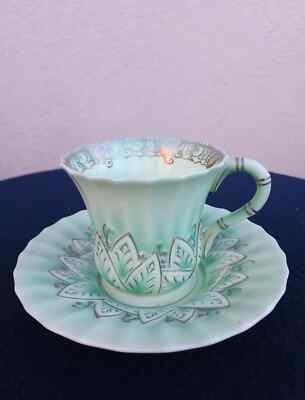 Rare Antique Royal Worcester Lily Pad Bamboo Aesthetic Movement Cup & Saucer