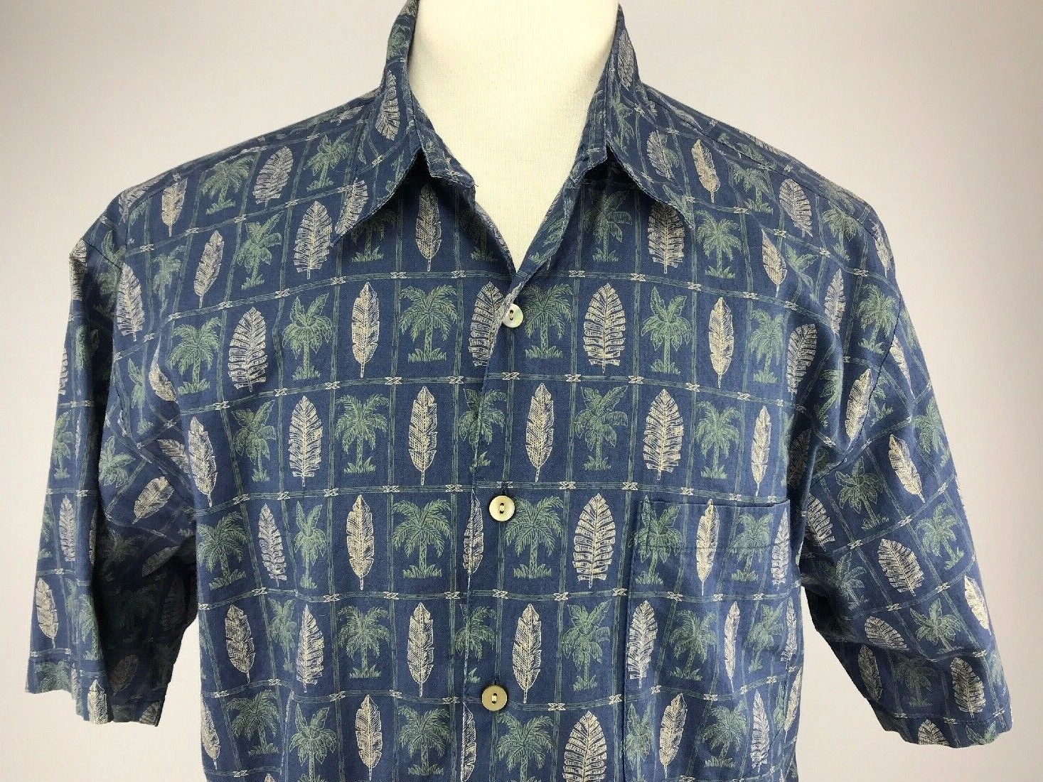 Tori Richard Honolulu Aloha Hawaiian Cotton Blue Shirt Mens L Palms Blocks