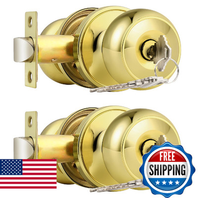 Probrico Polished Brass Entry Door Knob Lock 2 Pack Keyed Entrance Exterior Inte
