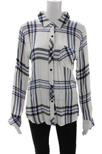 Rails Womens Button Front Long Sleeve Collared Plaid Shirt White Blue Size Small