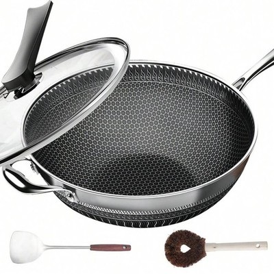 TIROTO 13.3'' 304 Stainless Steel Wok Pan with Lid & Accessories