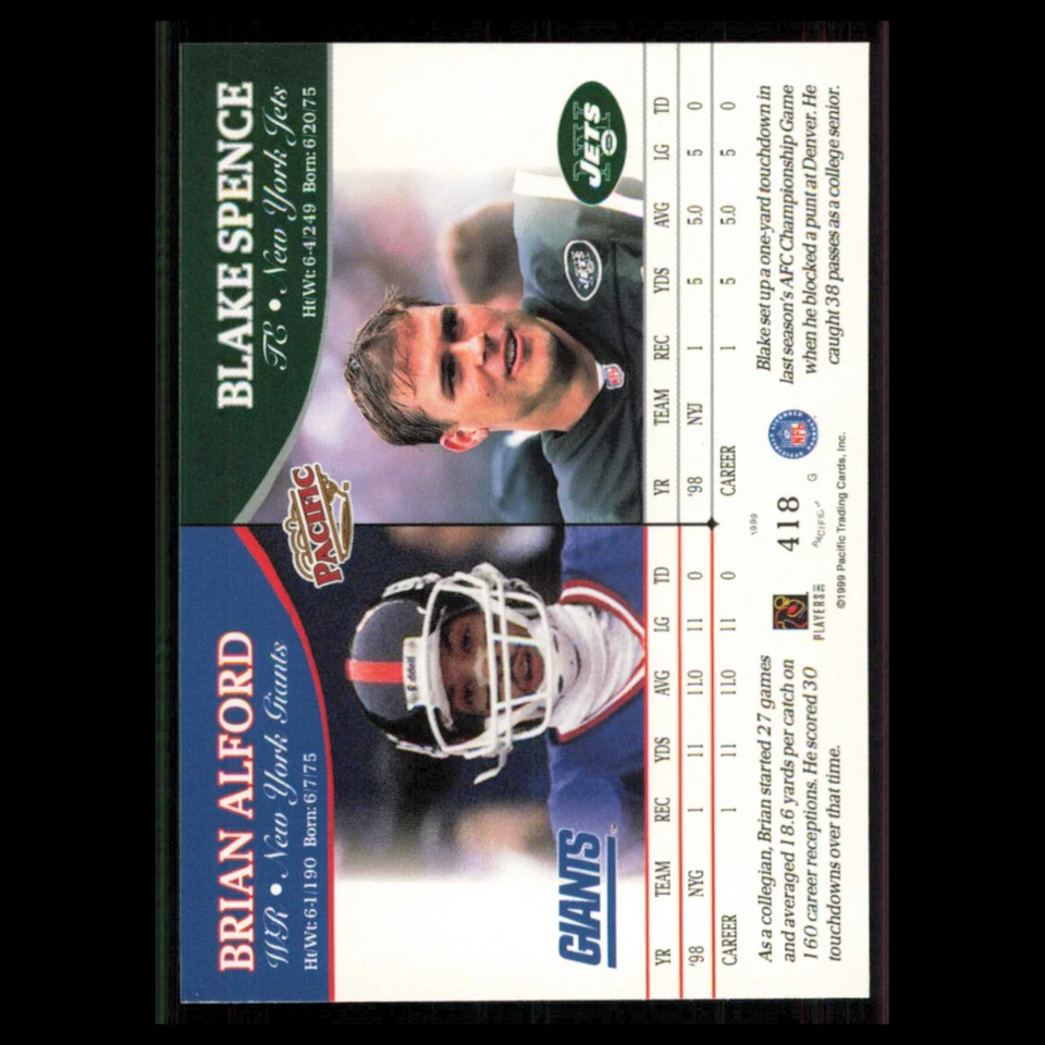 Brian Alford Blake Spence #418 1999 Pacific New York Jets New York Giants Card - Image 2 of 3