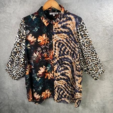 Rose & Olive 2X Multicolor Print Button Down 3/4 Sleeve Blouse Shirt Artsy Boho