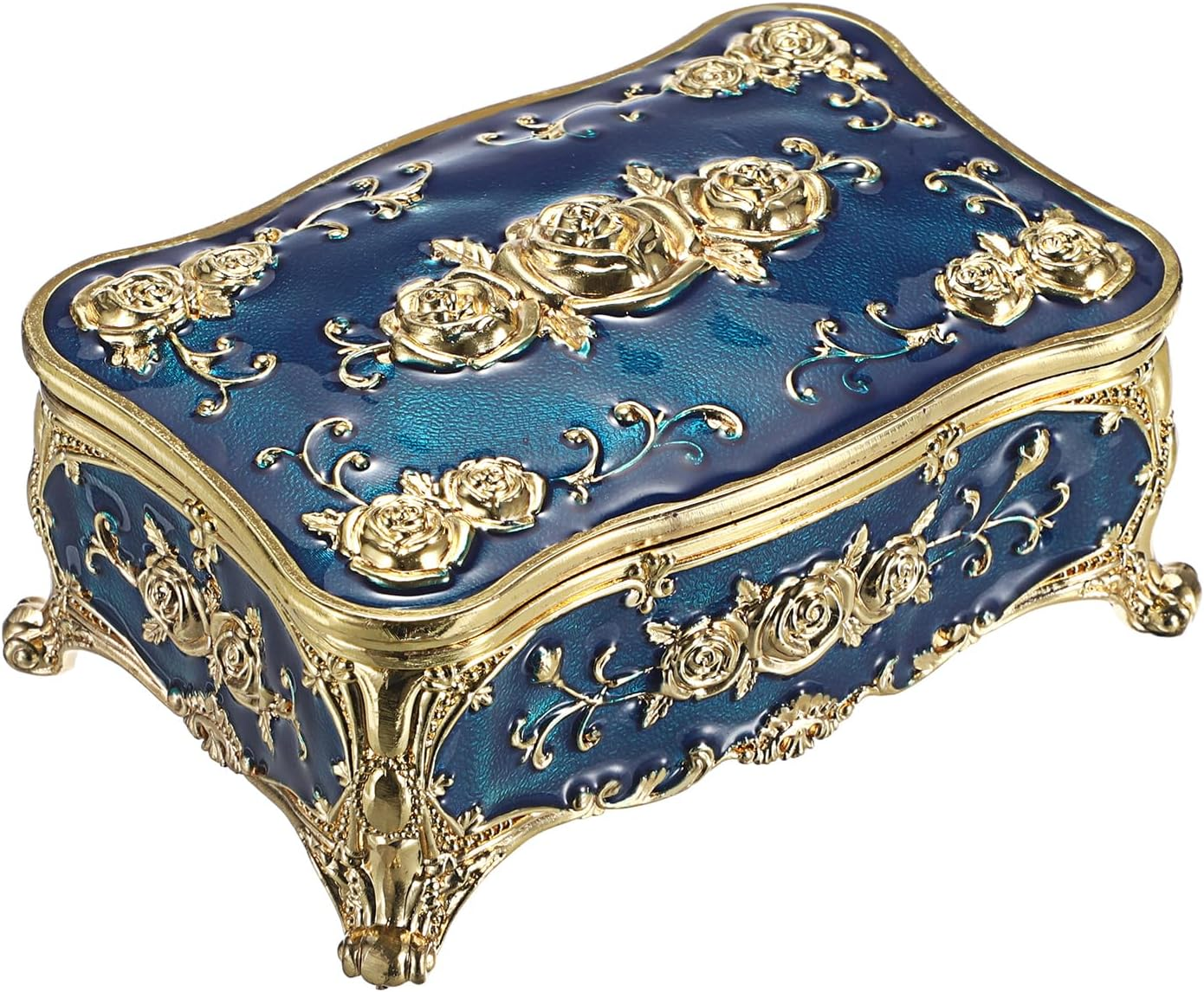 Metal Jewelry Box with Rose Pattern - Vintage Trinket Organizer Box Rectangular