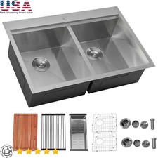 33 In Stainless Steel Double Kitchen Sink Topmount Workstation W/ Accessories