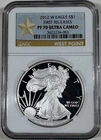 PF70 2012-W PROOF NGC ULTRA CAMEO American Silver Eagle $1 WEST POINT
