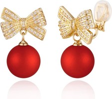 Christmas Bow Clip-On Earrings for Women Cubic Zirconia Pearl Trendy Xmas Gifts