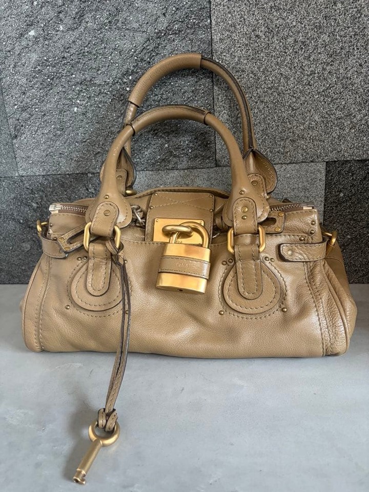 Chloe Paddington Handbag Taupe Greige Leather Padlock Key Paris Vintage Used