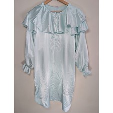 Vintage Charmuse Satin Nightgown Aqua Blue Ruffle Trim Long Sleeve M Romantic