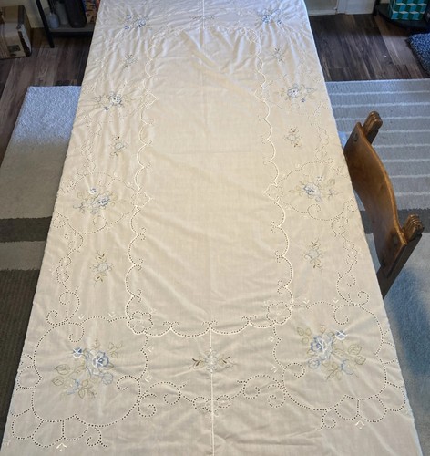 VTG ~Embroidered Cut Applique White w/ Blue Floral Dining Table Cloth ~100”x69”