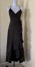 Nine West Black Strappy Ruffle Hem Dress Stretch Satin Wrap Gown NWOT Sz XS