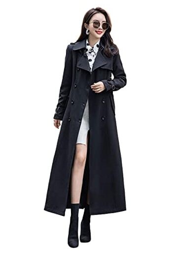 Women Double Breasted Slim Maxi Trench Coat XS Black