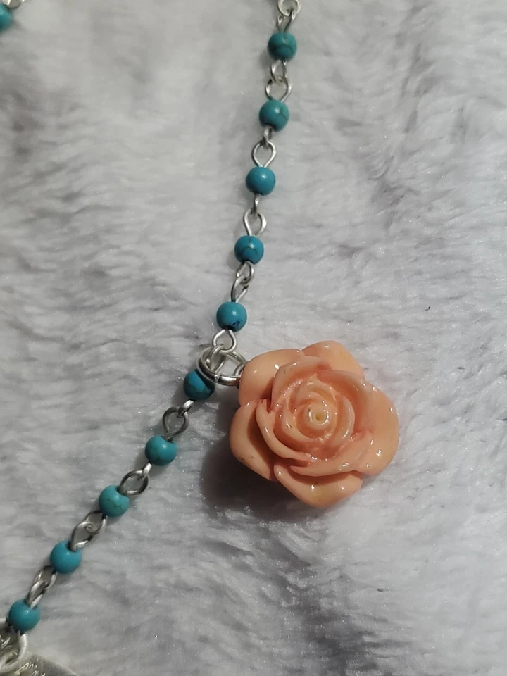 Plunder Necklace-Rose Gold Cross,Coral Flower,Pearl Pendants Turquoise Beads - Image 3 of 4