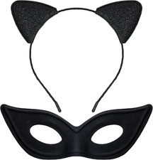 Cat Ears Headband and Black Cat Mask Set, Halloween Costume Accessories