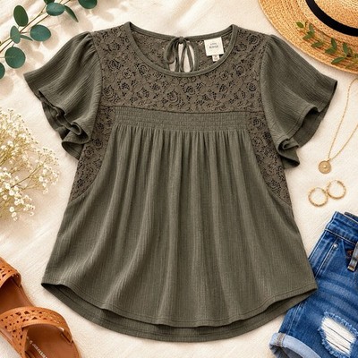 Knox Rose Women M Green Lace Yoke Flutter Sleeve Tie Back Blouse