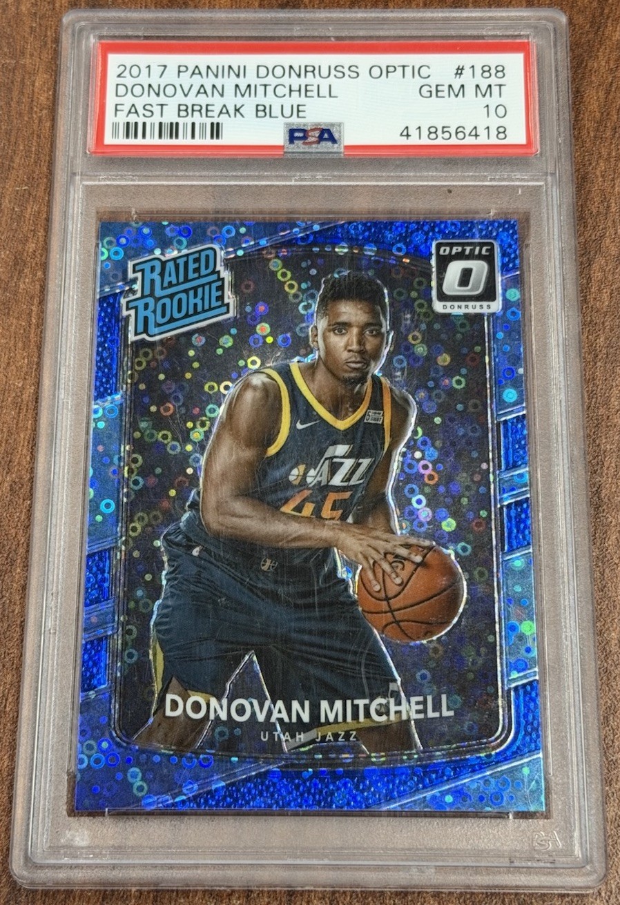 2017-18 Panini Optic Donovan Mitchell Fast Break Blue Prizm /50 #188 PSA 10 RC