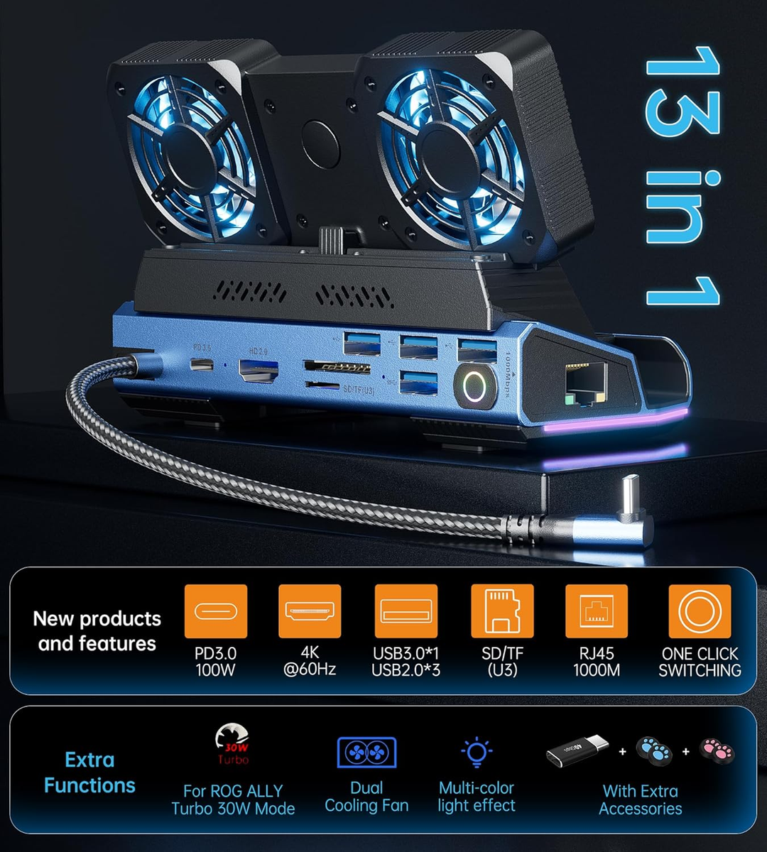 13 in 1 Steam Deck Docking Station with Dismantling Cool Fans M.2