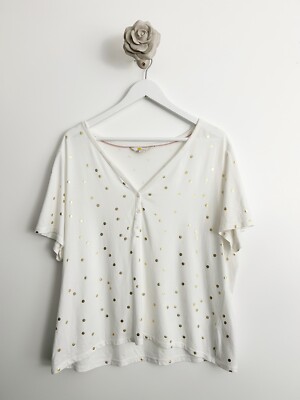 Boden Tilda M Top White Gold Polka Dot Blouse Sleeve Cotton Size 18 Short Sleeve