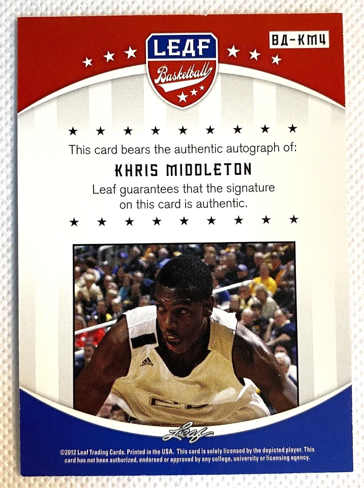 EXCELLENT 2012 Leaf Khris Middleton #BA-KM4 Rookie Auto RC SIGNED AUTOGRAPH H284 - Image 2 of 2