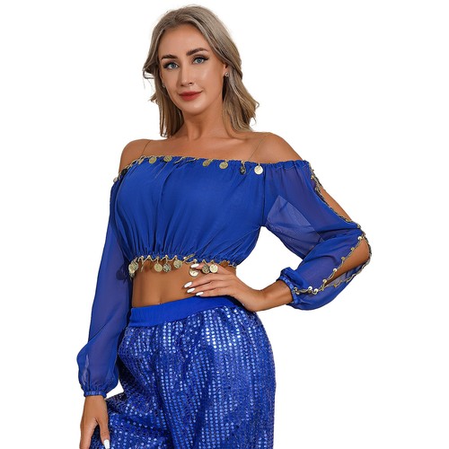 Womens Shiny Off Shoulder Tops Sequin Trims Chiffon Skirt Belly Dance Outfit - Picture 46 of 68