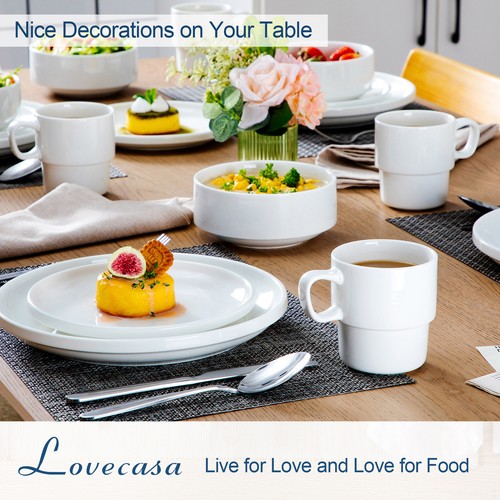 LOVECASA Juego de Vajilla Blanca 16 Piezas Porcelana Cocina Platos Cuencos Tazas Redondas - Imagen 4 de 12