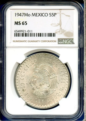 1947 Mo Mexico NGC MS65 Silver 5 Pesos S5P Cinco Pesos Cuauhtemoc Coin MS-65 