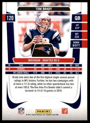 2011 Prestige Tom Brady Patriots #120 *Noles2148* Cs 10=Fs - Picture 2 of 2