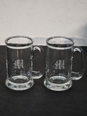 Pair Of Heavy Glass Etched M Design Beer Mug