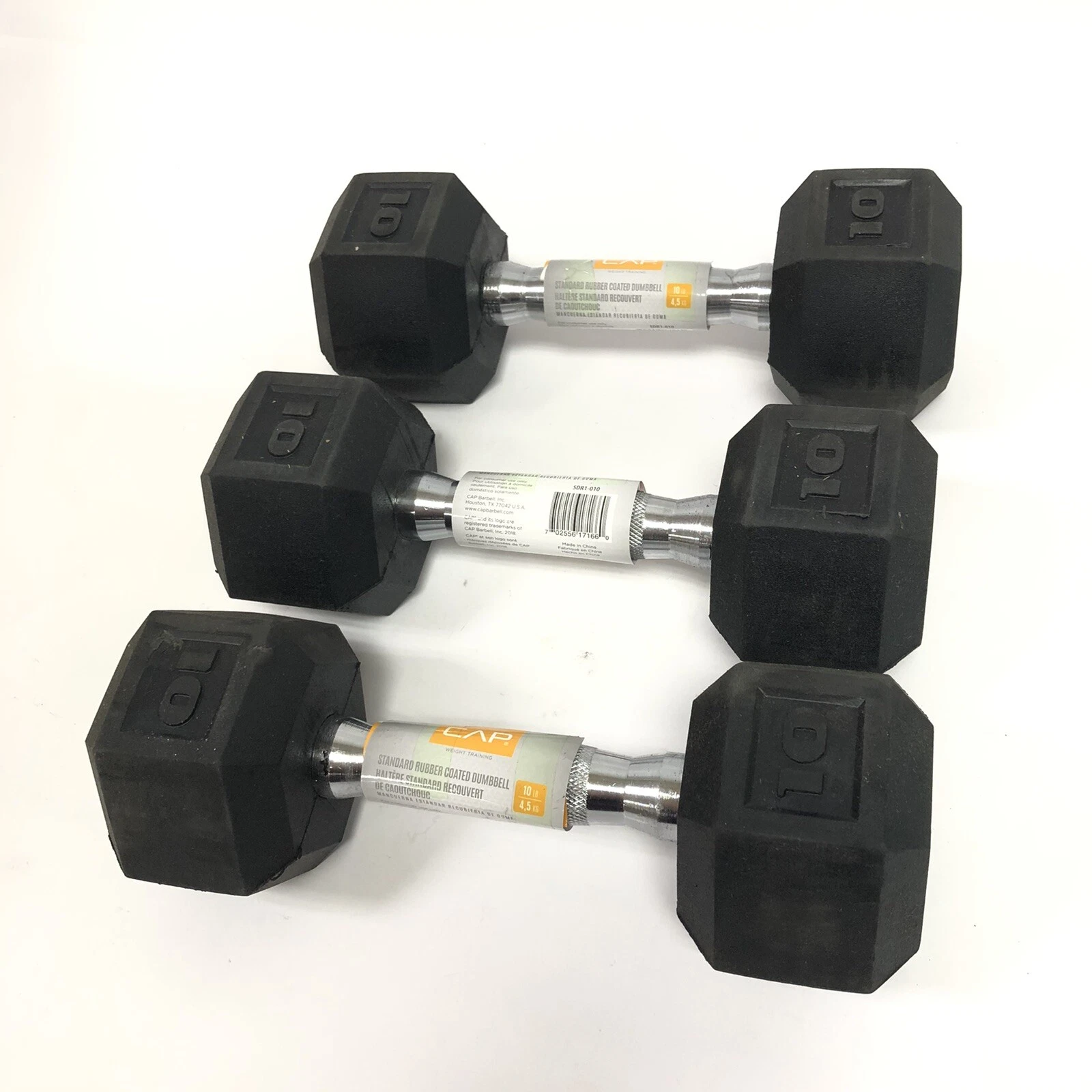 Lot of 3 CAP 10lbs Coated Hex Dumbbell Weights 30lbs Total New